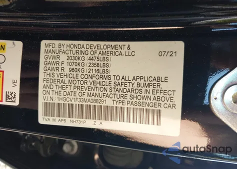 2021 Honda Accord Sport из США, поврежденный, VIN 1HGCV1F33MA088291